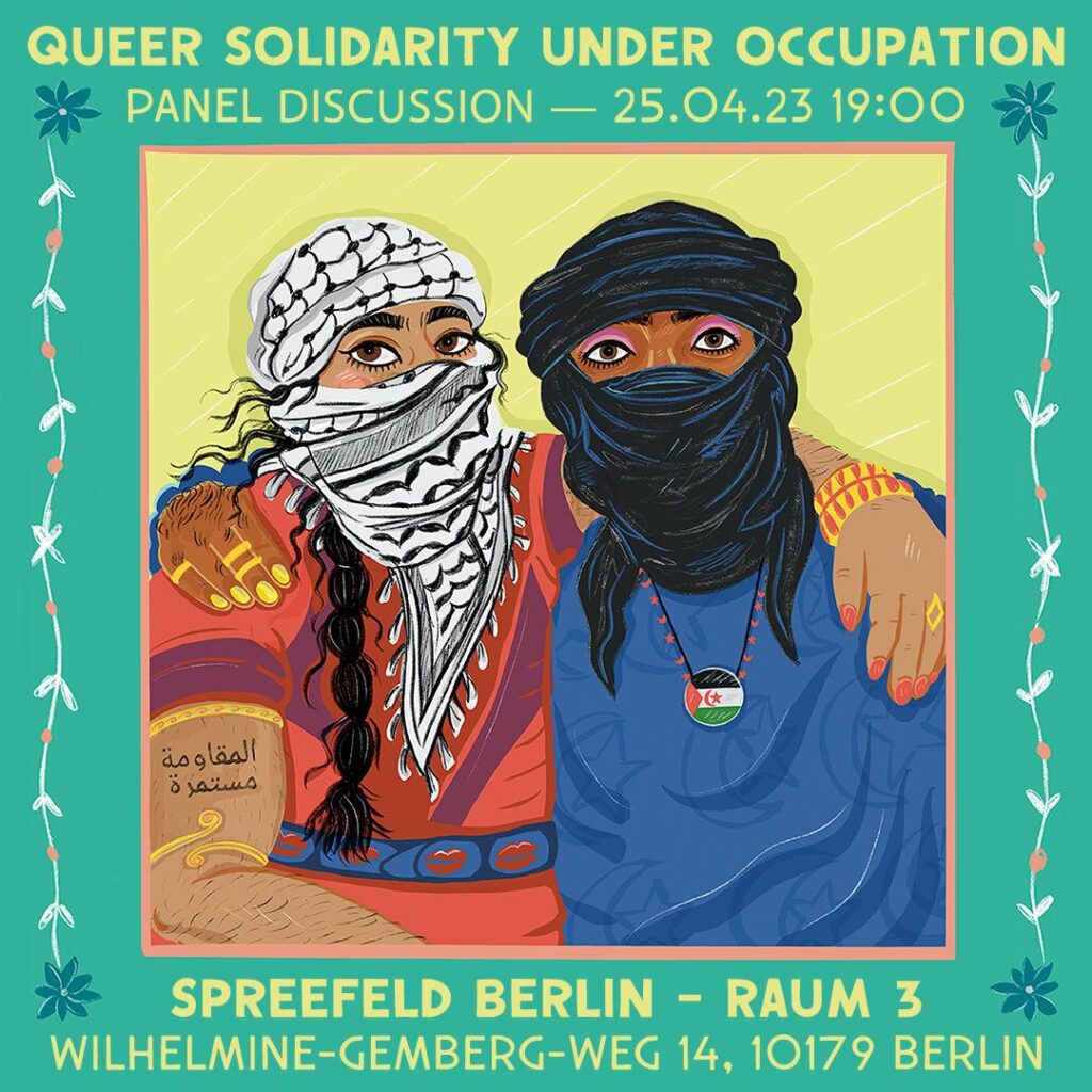 a poster with an illustration of two people wearing head scafs. One is wearing a blakck and white kefiyah scarf over their head with just eyes exposed. The other wearin a black headscarf with eyes exposed.